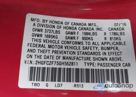 2016 Honda Civic Ex z USA, uszkodzony, nr VIN 2HGFC2F75GH562811